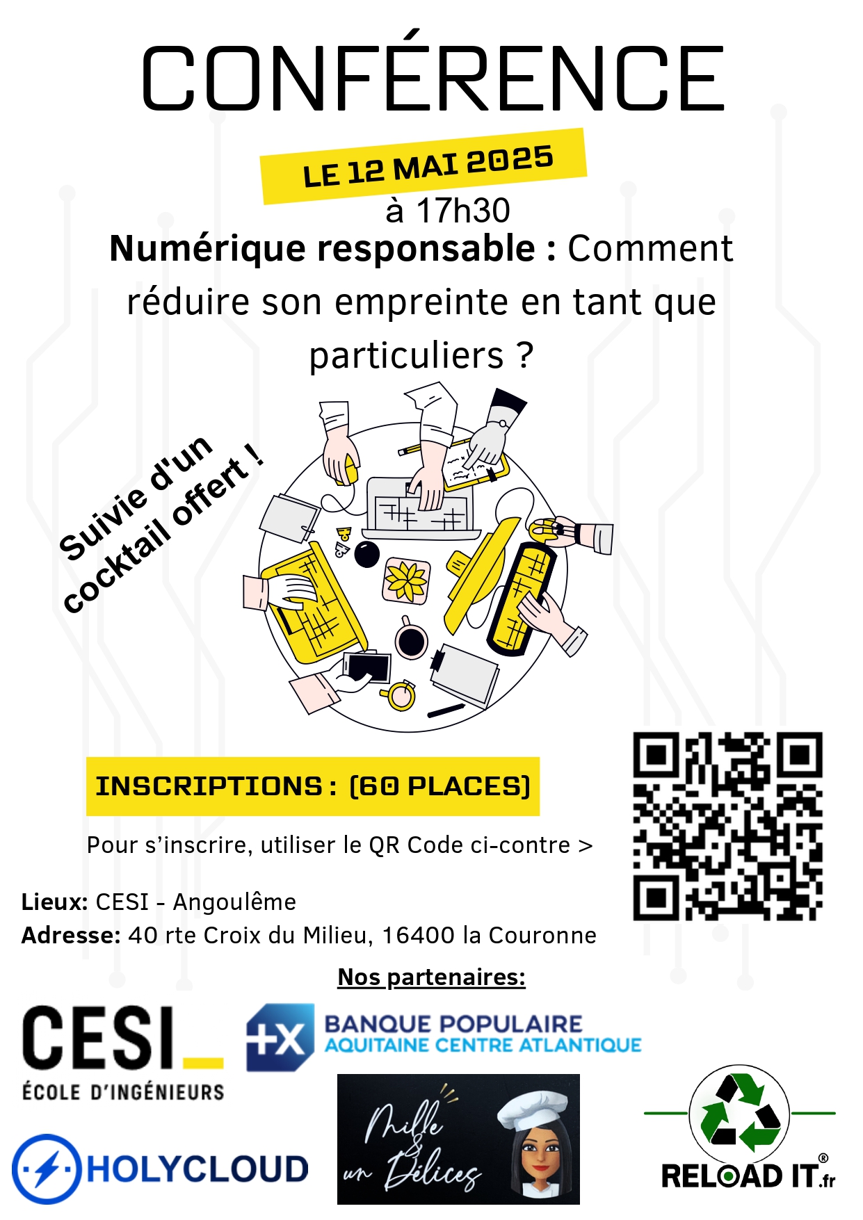 Affiche conférence "Comment réduire son empreinte en tant que particulier ?" - promotion des Administrateurs Systèmes & Réseaux 2024 - Campus CESI Angoulême