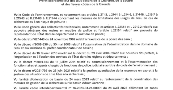 Arrêté de restriction temporaire des prélèvements d’eau sur le bassin versant de la Charente n° 16-2025-07-02-00001 du 2 juillet 2025