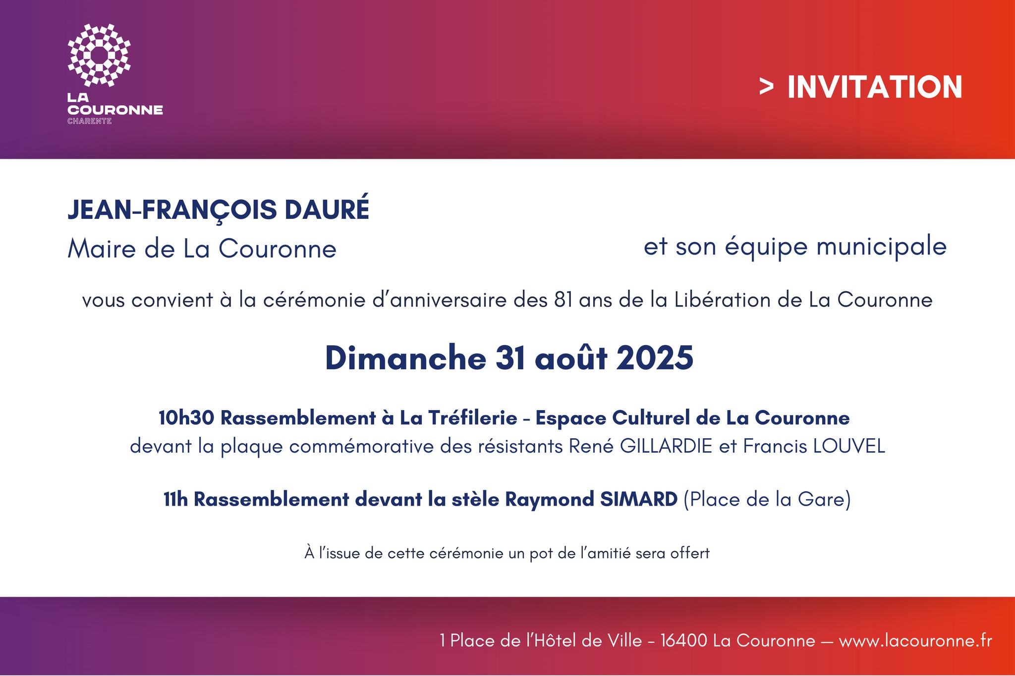 Invitation Commémoration des 81 ans de la libération de La Couronne - 2025 - 31 août