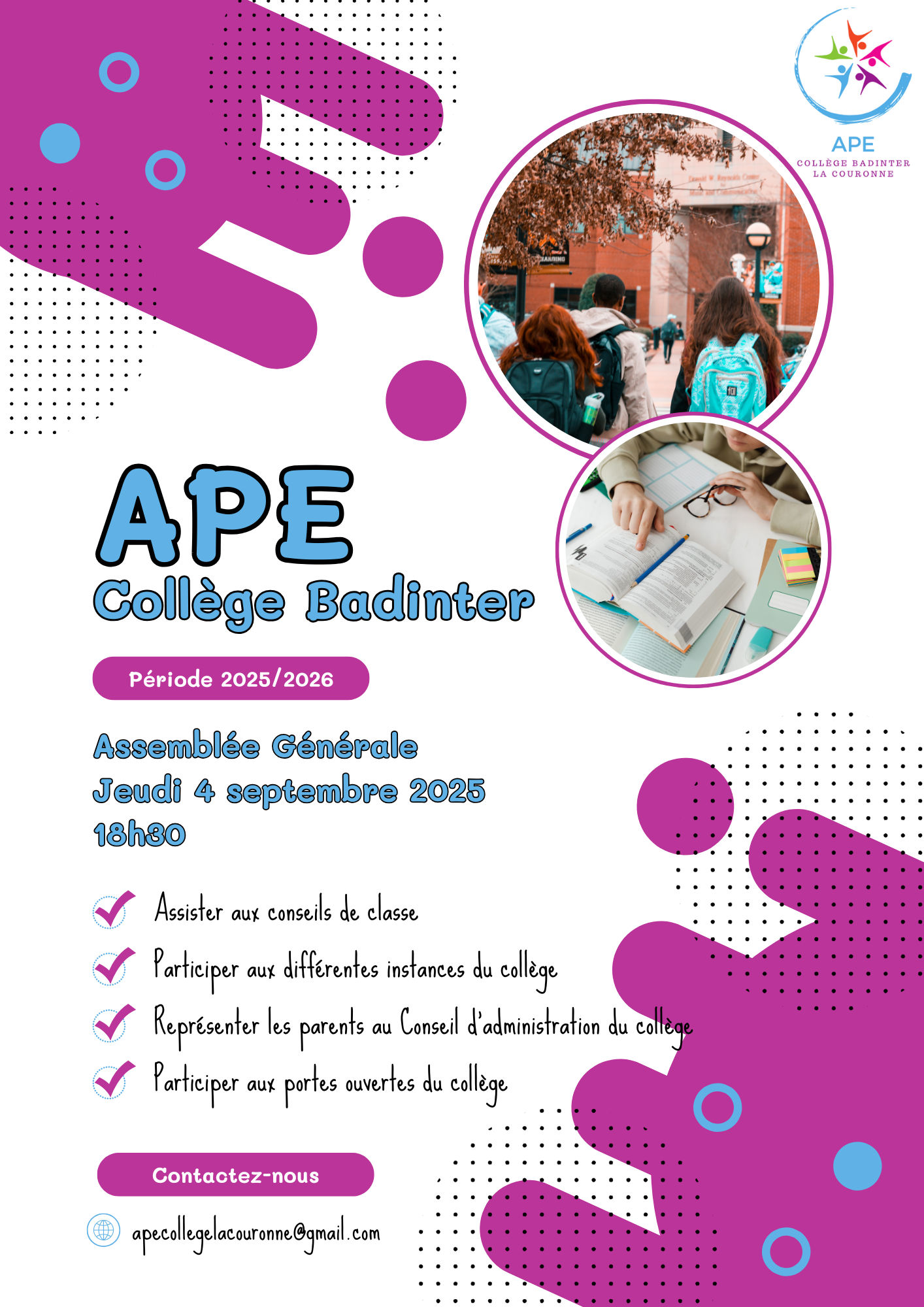 Assemblée générale de l'APE du Collège Badinter jeudi 4 septembre 2025 à 18h30