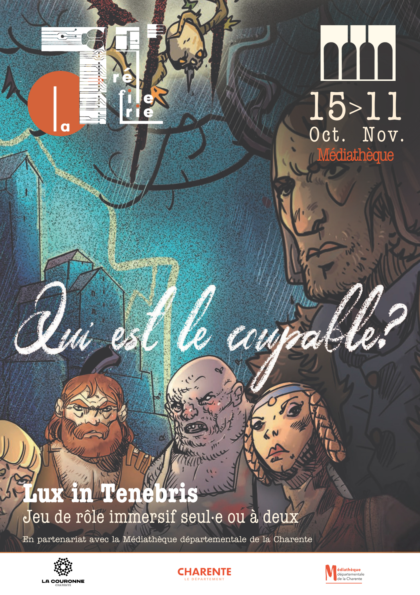 Affiche du jeu immersif "Lux in Tenebris" du 15 octobre au 11 novembre 2025 à laa Médiathèque