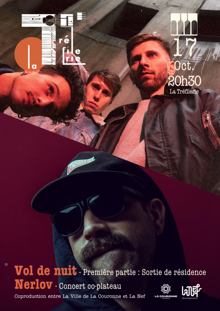 Affiche pour le concert co-plateau de Vol de Nuit et de Nerlov, le 17 octobre 2025 à la Tréfilerie