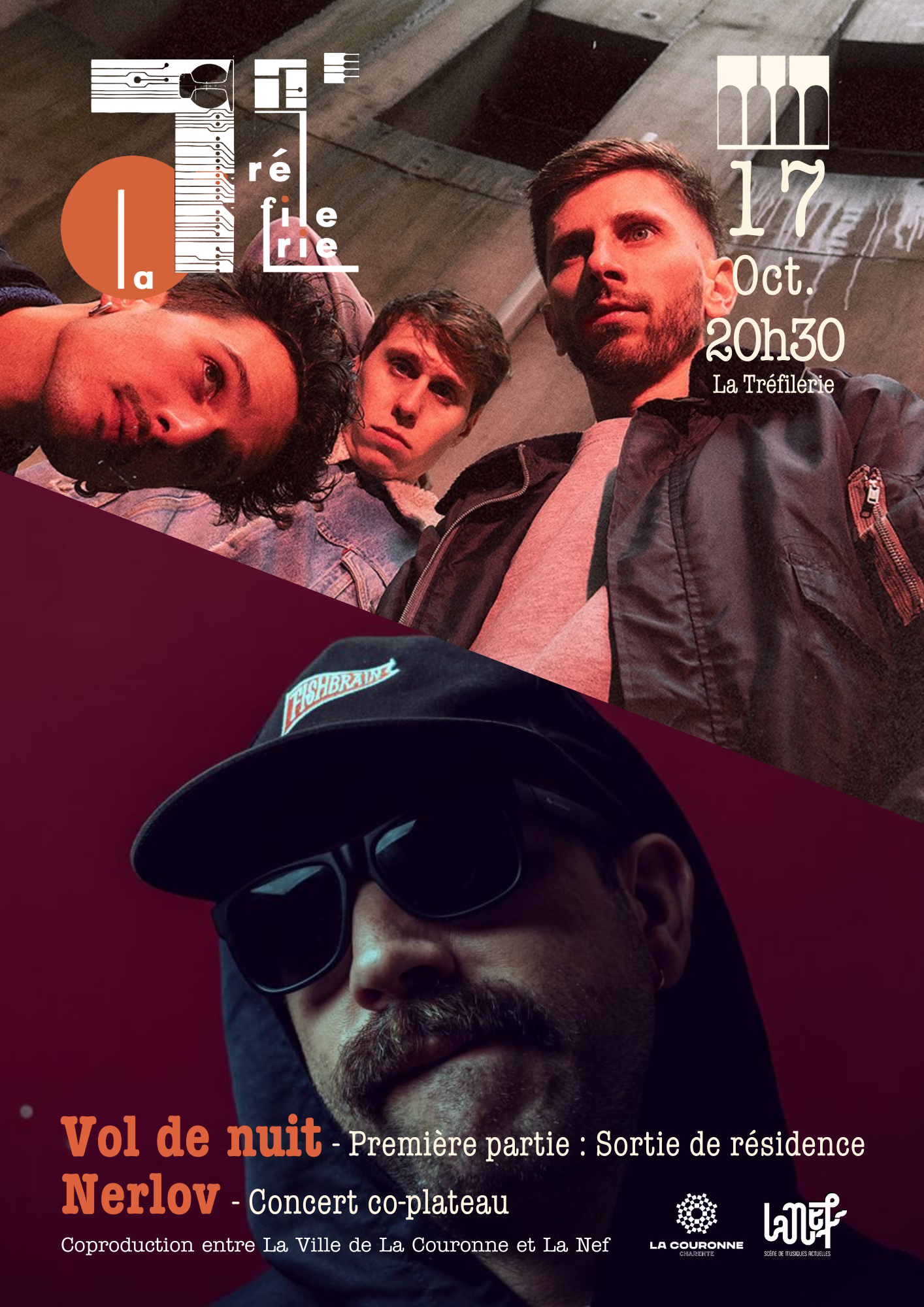 Affiche pour le concert co-plateau de Vol de Nuit et de Nerlov, le 17 octobre 2025 à la Tréfilerie