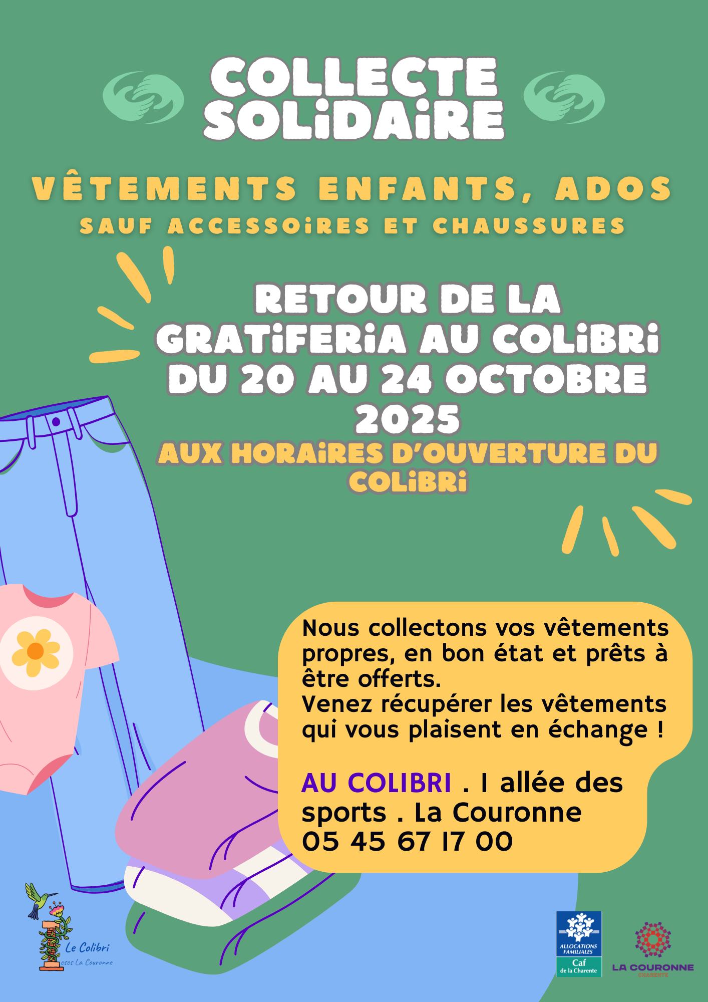 Affiche de la collecte solidaire du 20 au 24 octobre 2025 par Le Colibri - CSCS La Couronne
