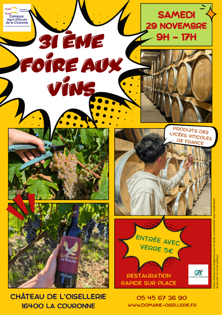 Affiche de la Foire aux vin 2025 organisé par le Lycée de l'Oisellerie