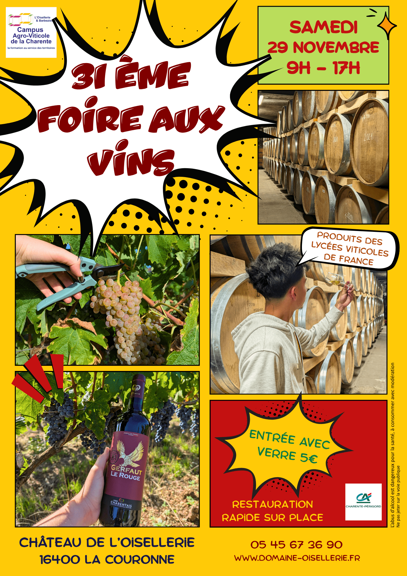Affiche de la Foire aux vin 2025 organisé par le Lycée de l'Oisellerie