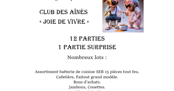 Affiche pour le loto du 9 novembre à 14h organisé par le club des aînés "Joie de Vivre"