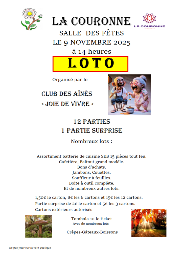 Affiche pour le loto du 9 novembre à 14h organisé par le club des aînés "Joie de Vivre"