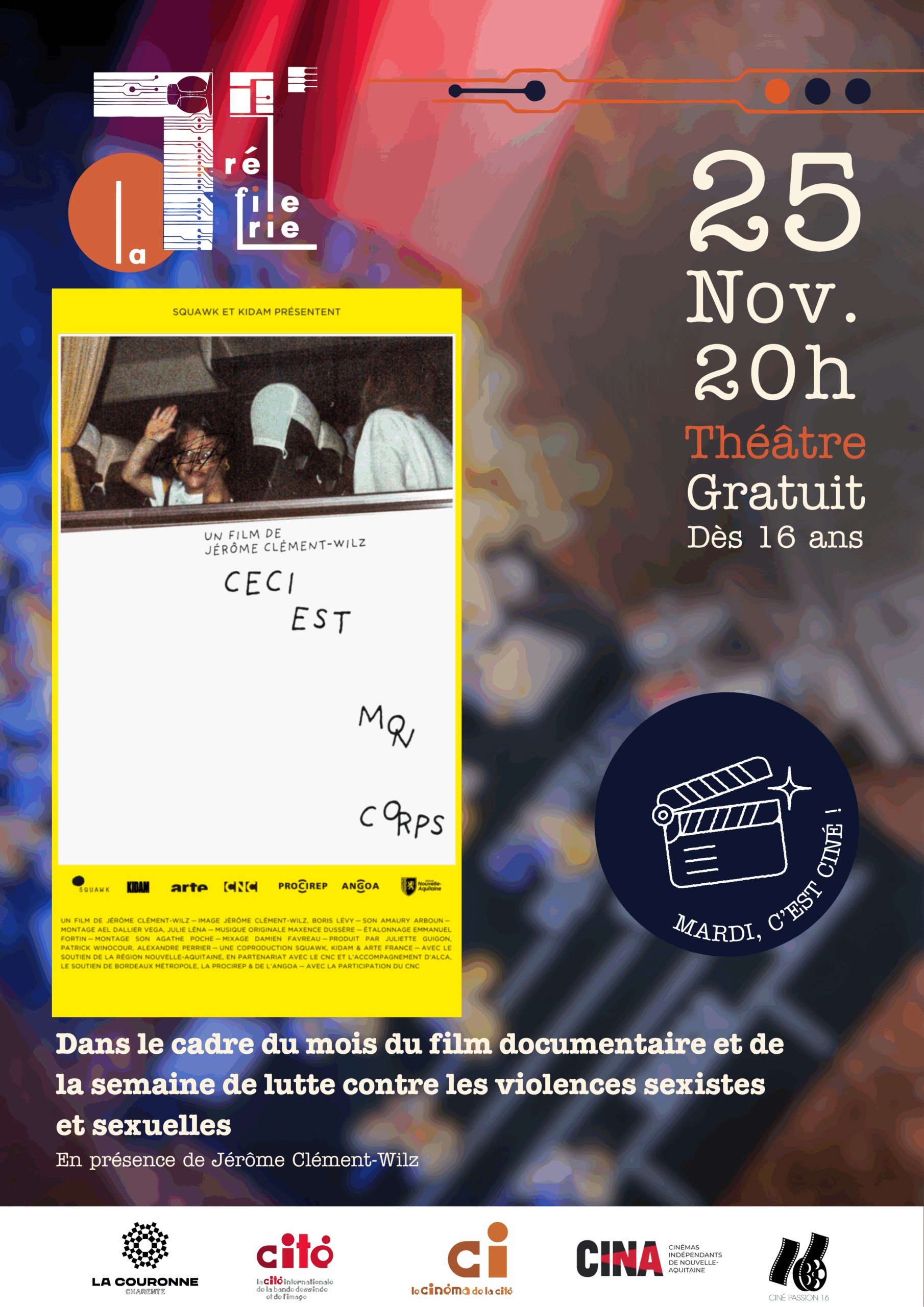 Affiche pour le « Mardi c’est ciné ! » du 25 novembre 2025 avec comme projection : Ceci est mon corps Affiche pour le "Mardi c'est ciné !" du 25 novembre 2025 avec comme projection : Ceci est mon corps