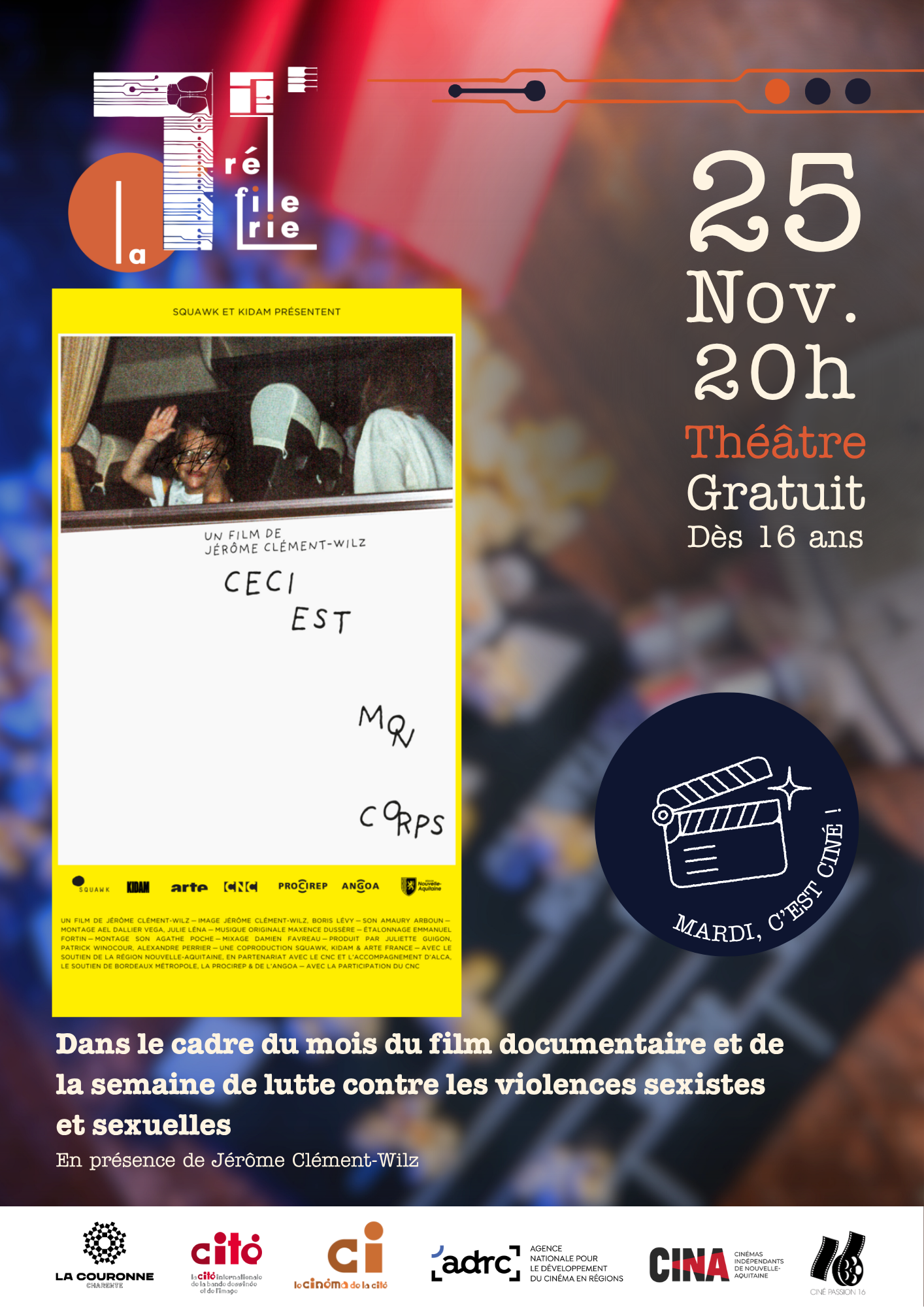 Affiche pour le « Mardi c’est ciné ! » du 25 novembre 2025 avec comme projection : Ceci est mon corps Affiche pour le "Mardi c'est ciné !" du 25 novembre 2025 avec comme projection : Ceci est mon corps