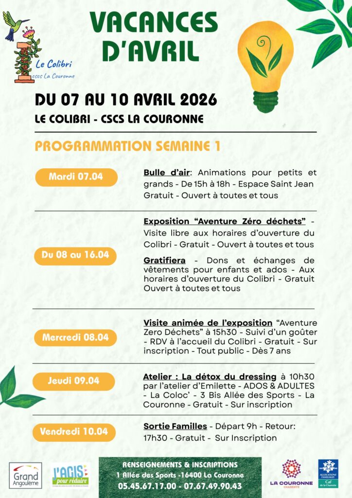 Vacances Colibri CSCS du 7 au 10 avril