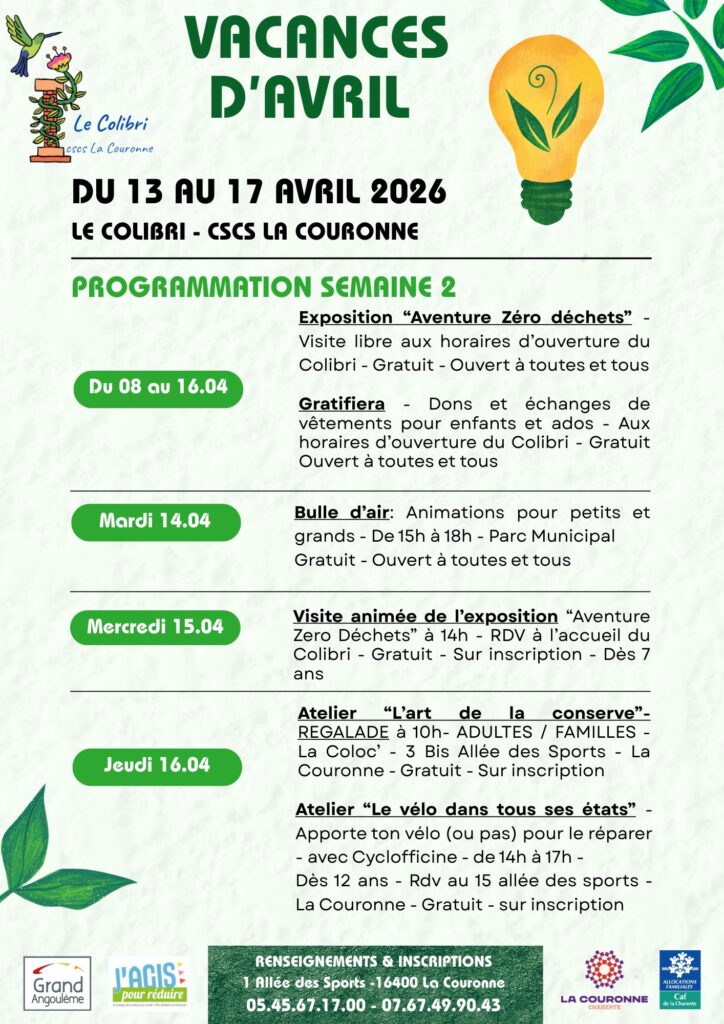 Vacances Colibri CSCS du 13 au 17 avril