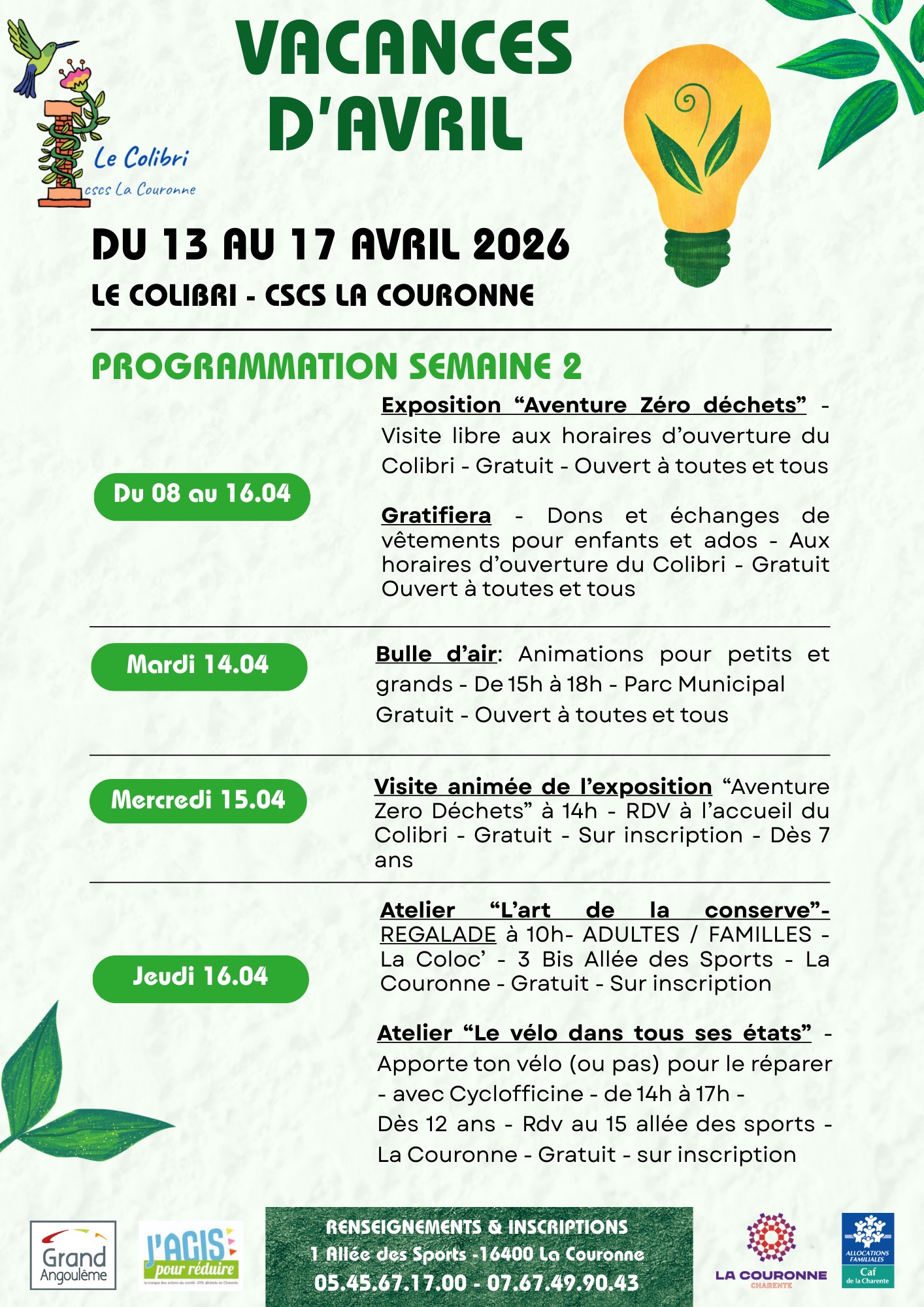 Vacances Colibri CSCS du 13 au 17 avril Vacances Colibri CSCS du 13 au 17 avril