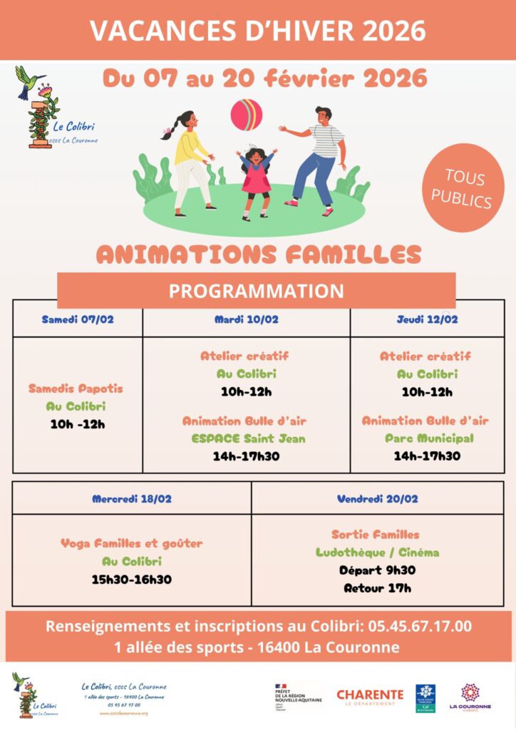 Affiche avec les différentes activités proposée par le Colibri