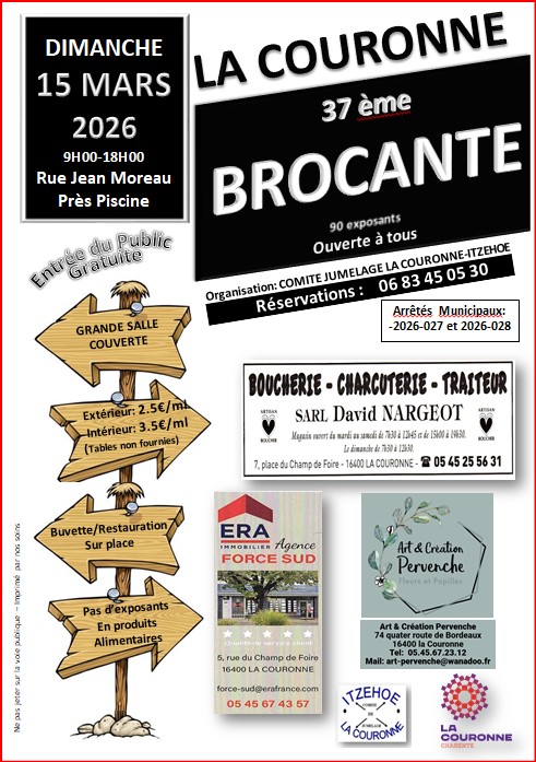 Affiche de la 37e Brocante par Le Comité de Jumelage La Couronne – Itzehoe