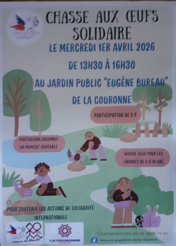 Chasse aux oeufs solidaire - mercredi 1er avril. Secours Populaire - jardin public Eugène Bureau