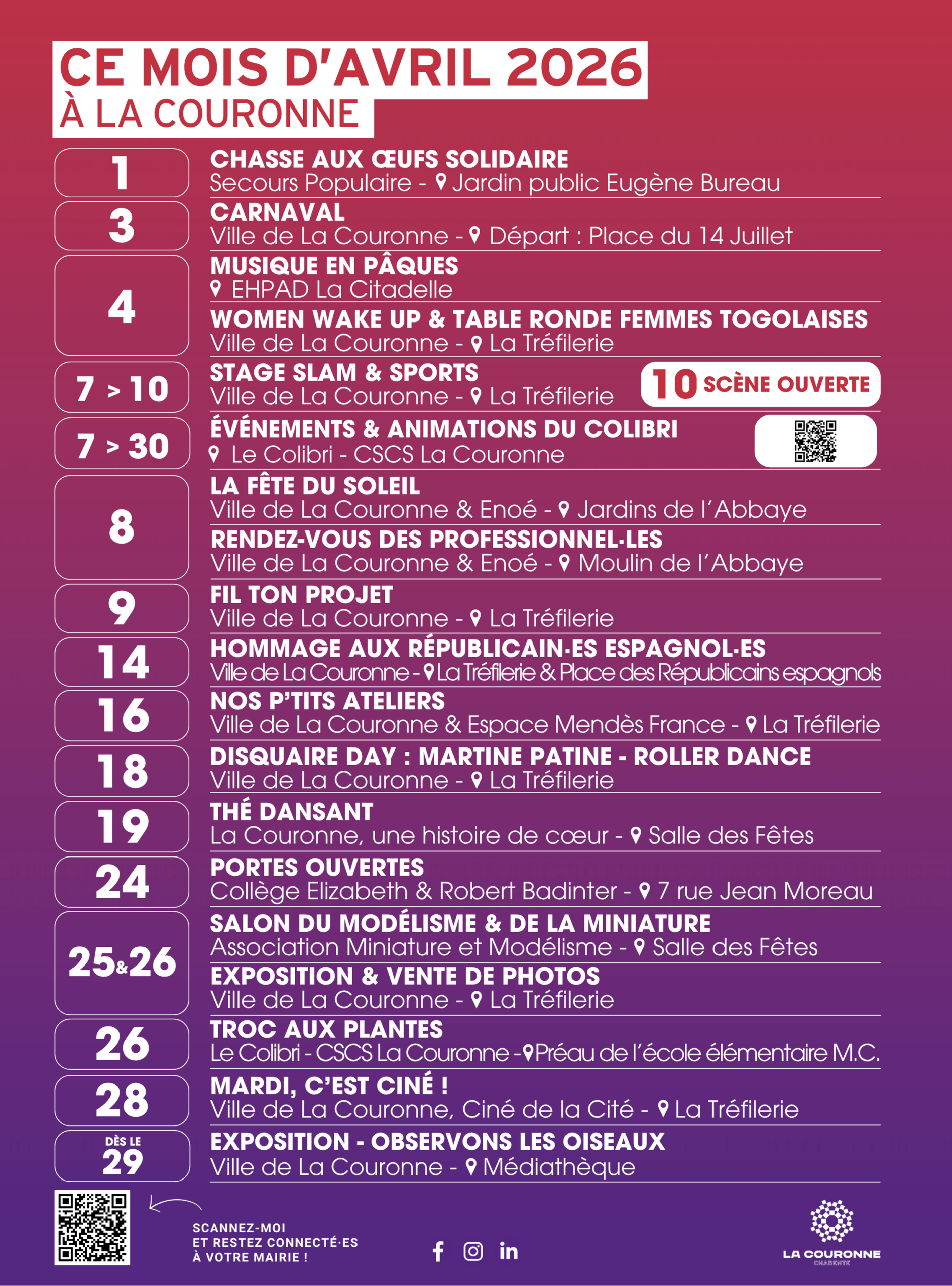 Ce mois d’avril 2026 à La Couronne Ce mois d'avril 2026 à La Couronne