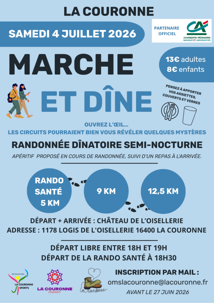 Affiche de la Marche et Dîne 2026 à La Couronne le 4 juillet avec randonnée et repas