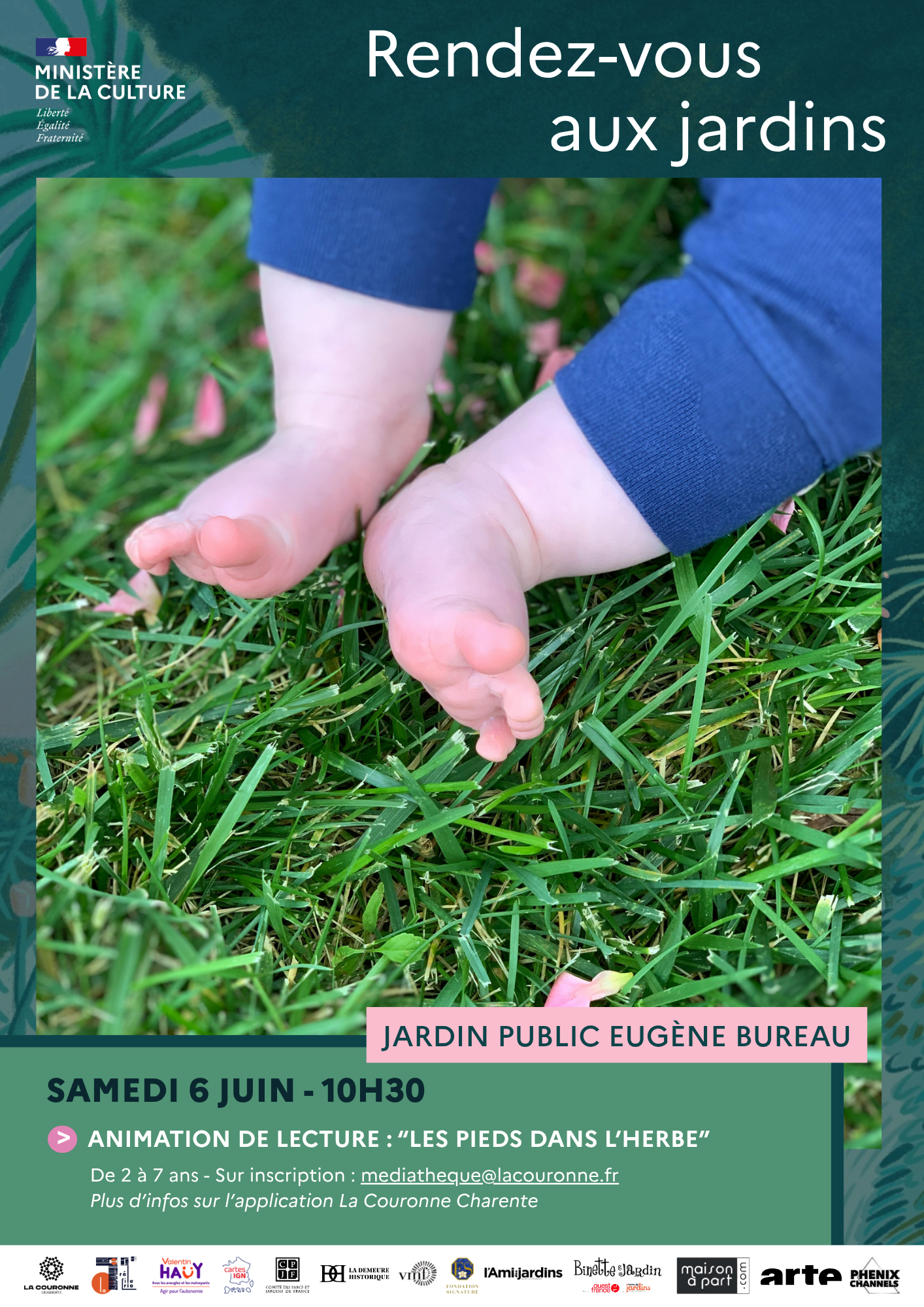 Affiche animation lecture enfants « Les pieds dans l’herbe » au jardin public Eugène Bureau le 6 juin 2026
