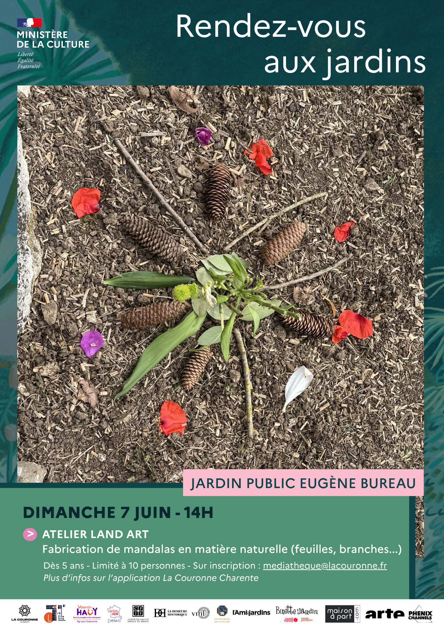 Affiche atelier land art au jardin public Eugène Bureau le 7 juin 2026