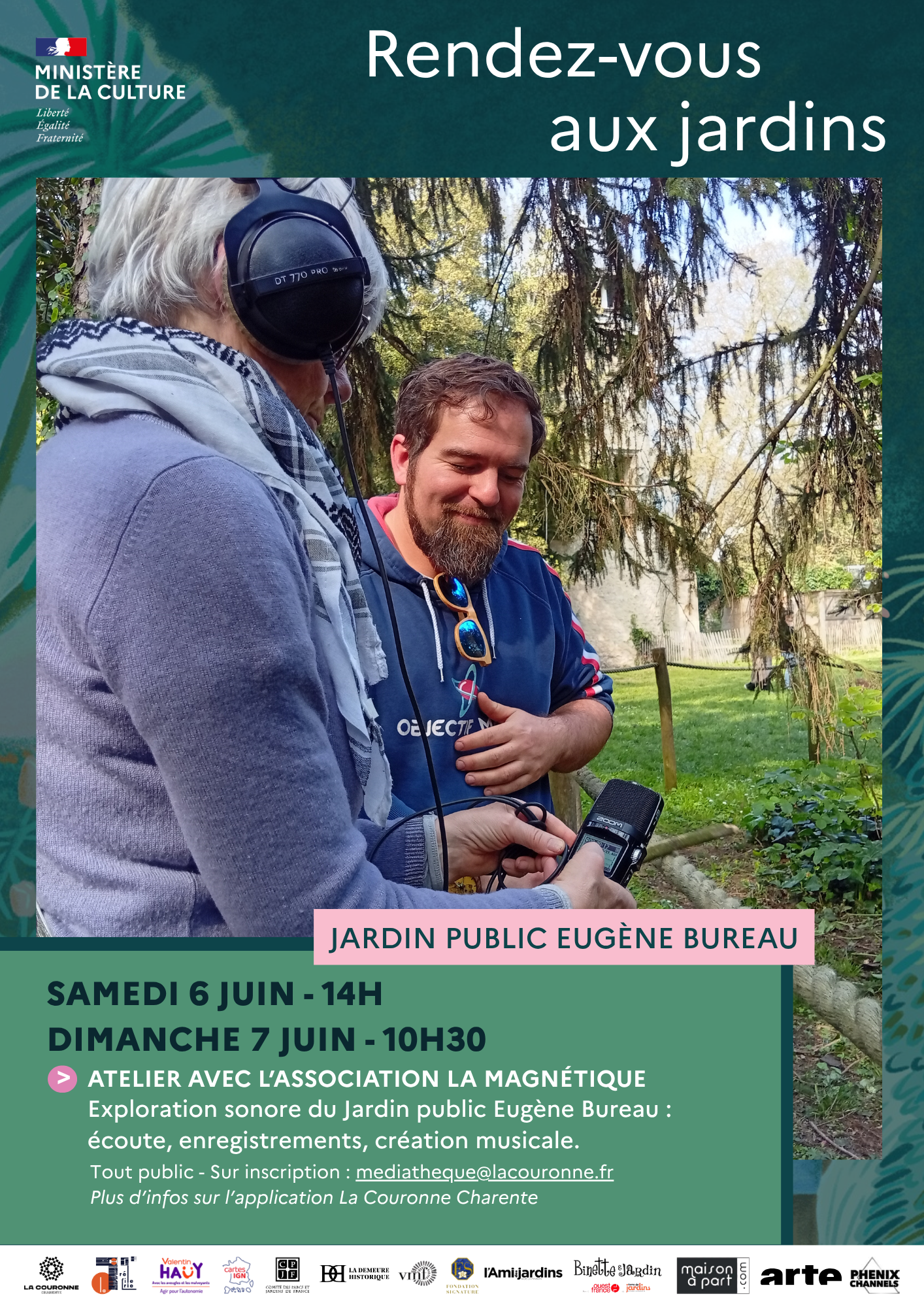 Affiche atelier exploration sonore avec l’association La Magnétique au jardin public Eugène Bureau les 6 et 7 juin 2026