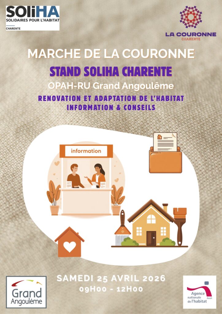 Affiche pour le stand d'information de SOLIHA Charente sur le marché de La Couronne le Samedi 25 avril 2026