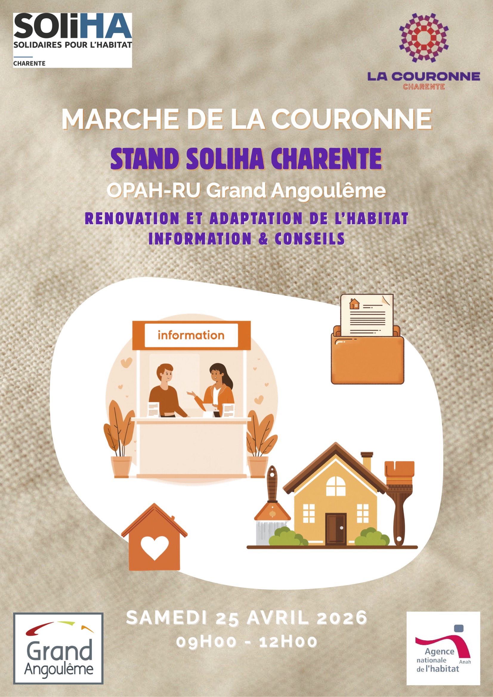Affiche pour le stand d'information de SOLIHA Charente sur le marché de La Couronne le Samedi 25 avril 2026