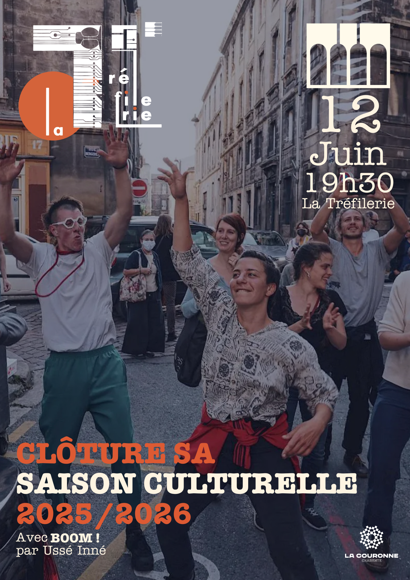 Affiche clôture de la saison culturelle 2025-2026 avec spectacle de danse participatif à La Tréfilerie le 12 juin