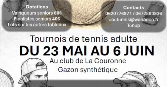Affiche du tournoi de tennis adulte du COC Tennis à La Couronne du 23 mai au 6 juin 2026