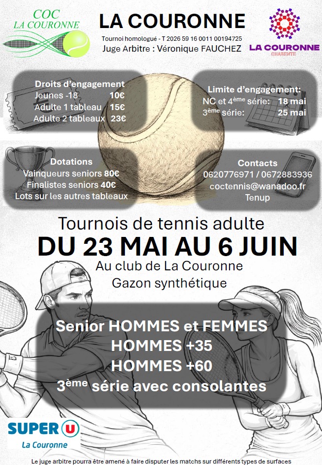 Affiche du tournoi de tennis adulte du COC Tennis à La Couronne du 23 mai au 6 juin 2026