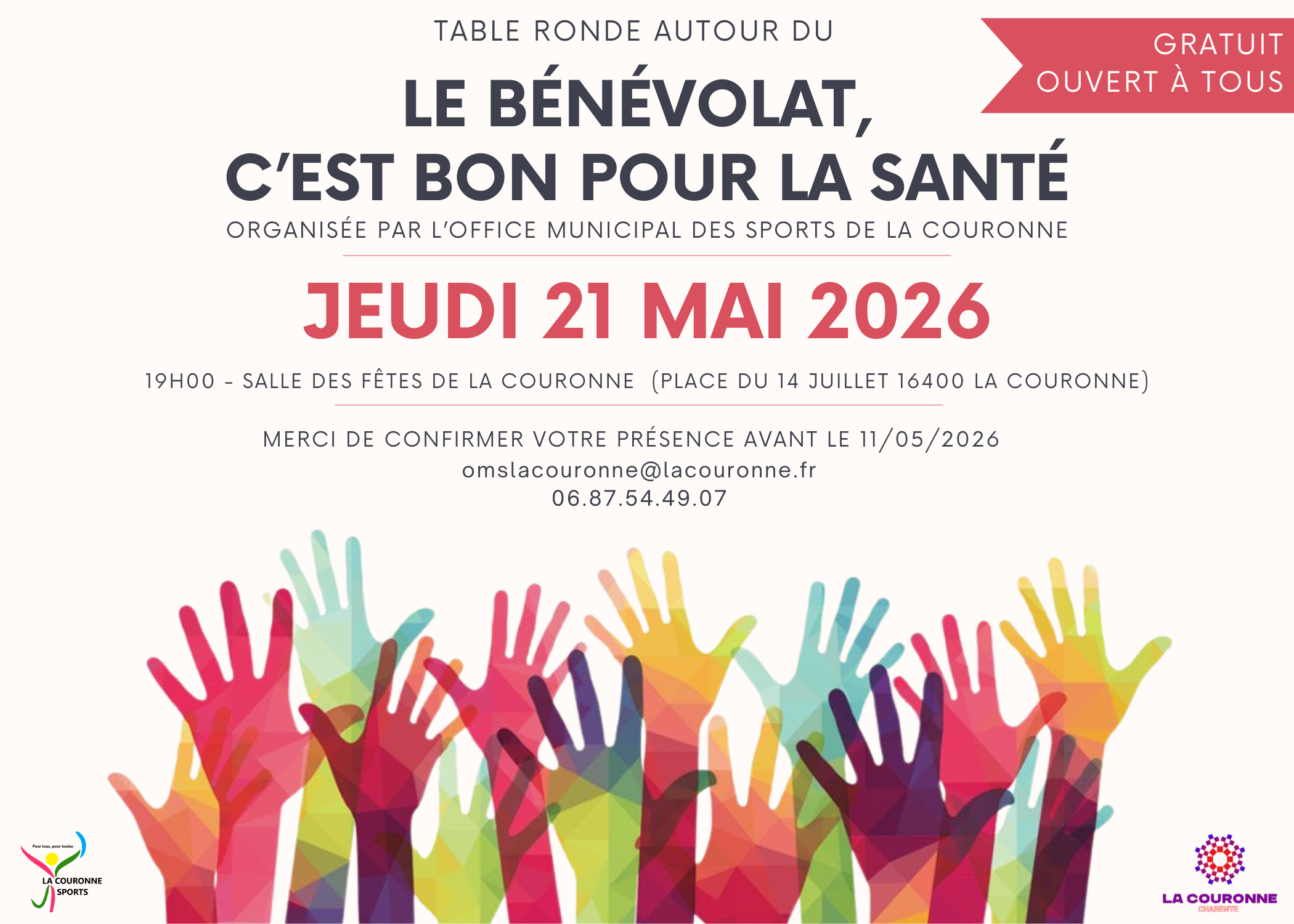 Affiche de la table ronde sur le bénévolat organisée à La Couronne le 21 mai 2026