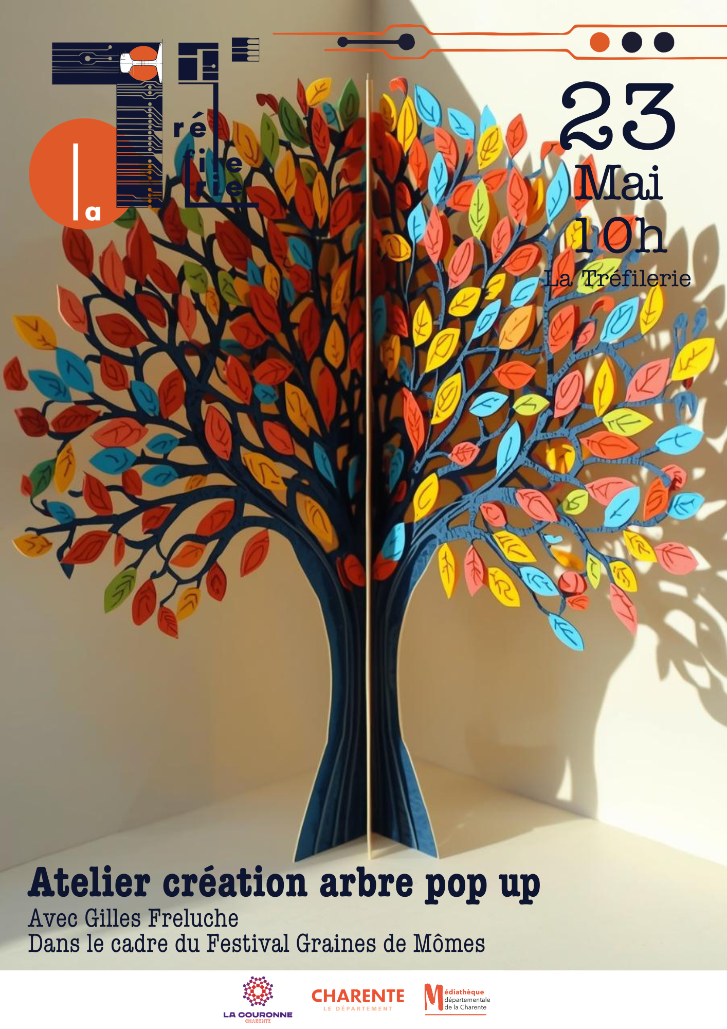 Affiche atelier création arbre pop-up à La Tréfilerie le 23 mai dans le cadre du festival Graines de Mômes