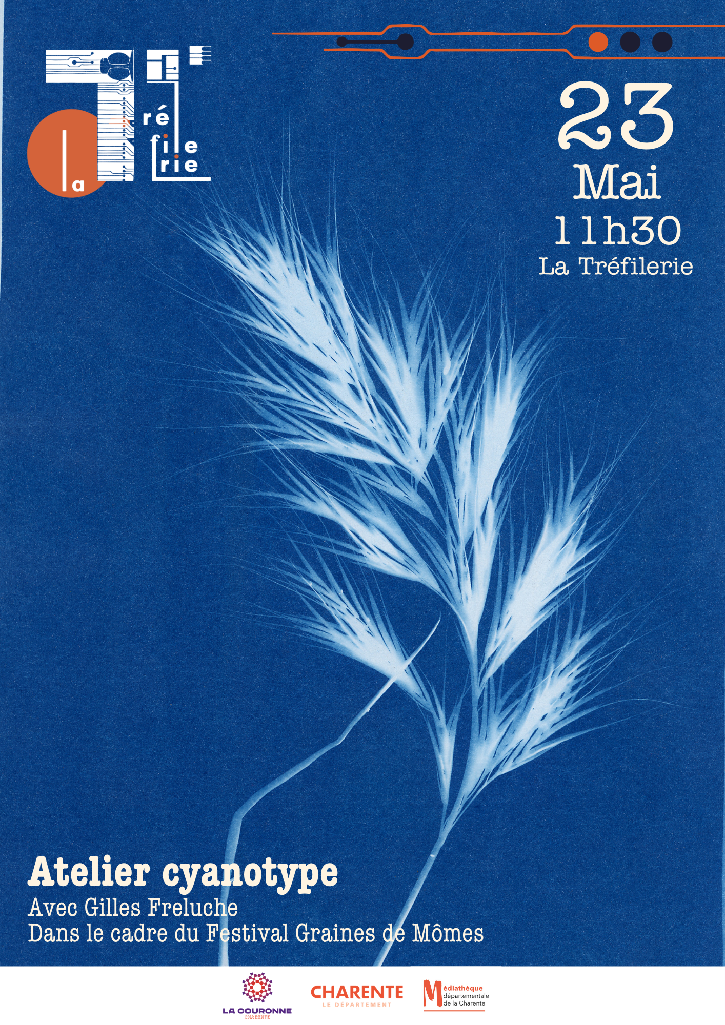 Affiche atelier cyanotype au Théâtre de La Tréfilerie dans le cadre du festival Graines de Mômes