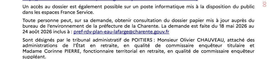 Avis de consultation du public par voie électronique - Plan d’eau et gestion des eaux pluviales du site de l’ancienne carrière Lafarge