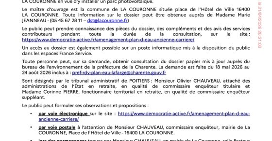 Avis de consultation du public par voie électronique - Plan d’eau et gestion des eaux pluviales du site de l’ancienne carrière Lafarge