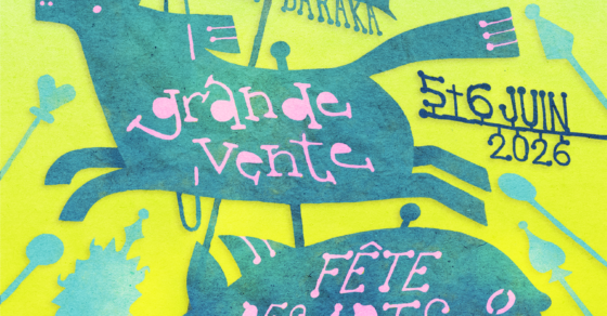 Affiche de la Grande vente et Fête des Arts 2026 organisée par Emmaüs La Couronne et La Baraka les 5 et 6 juin 2026 avec exposition, marché d’art, bal trad et concert.