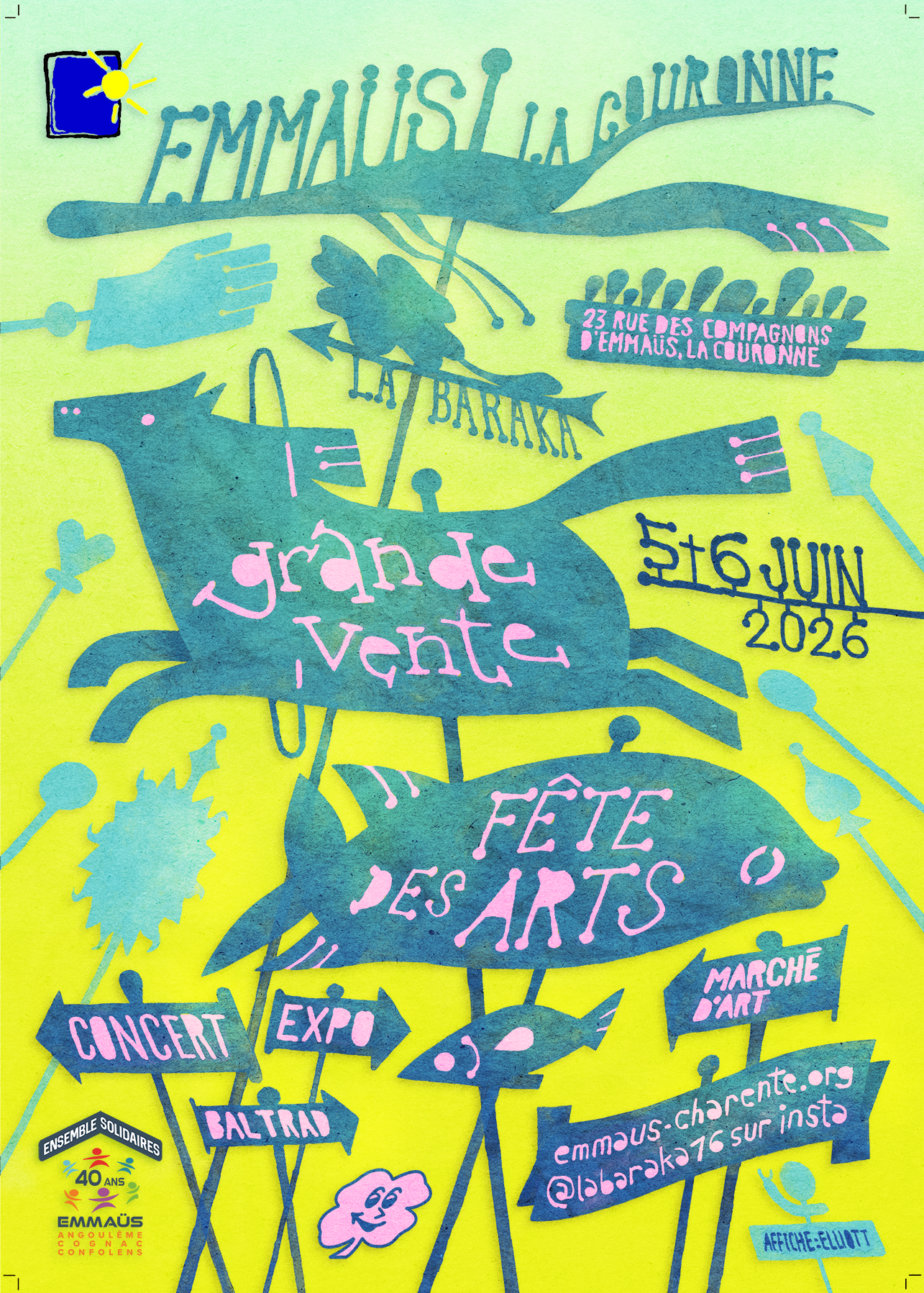 Affiche de la Grande vente et Fête des Arts 2026 organisée par Emmaüs La Couronne et La Baraka les 5 et 6 juin 2026 avec exposition, marché d’art, bal trad et concert.