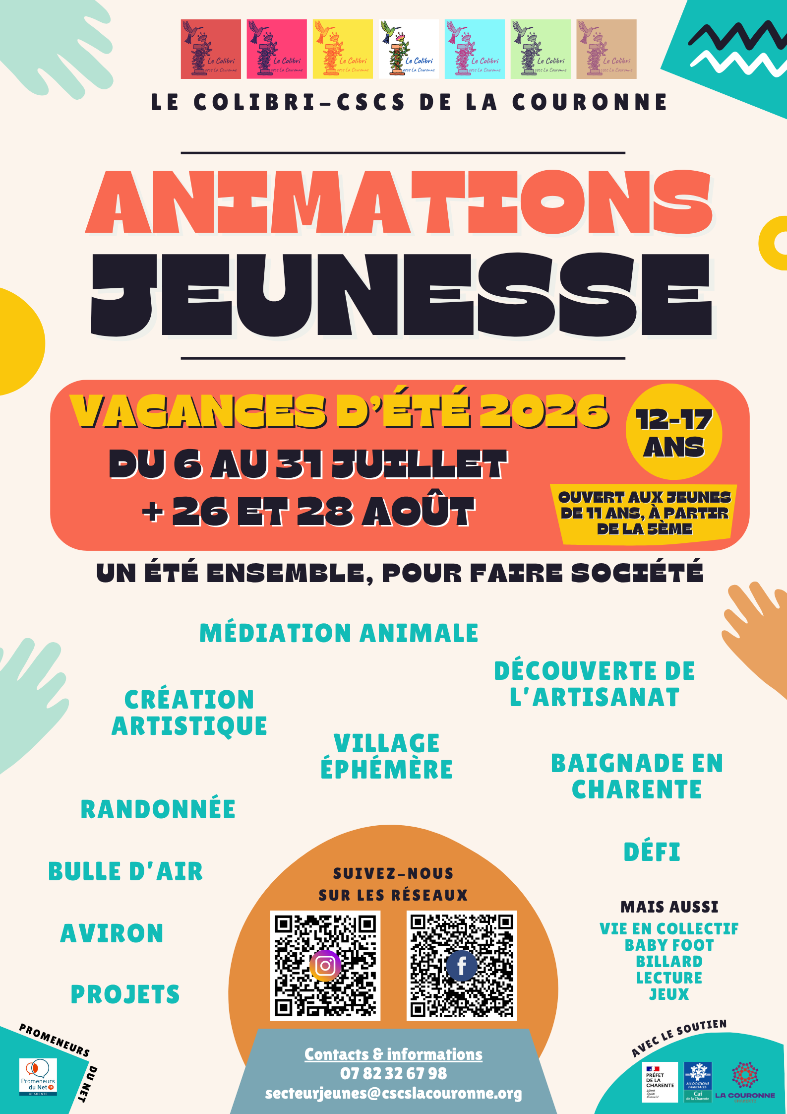 Affiche des animations jeunesse du Colibri pour les vacances d'été 2026 proposant des activités sportives, culturelles, créatives et de loisirs destinées aux jeunes de 12 à 17 ans.
