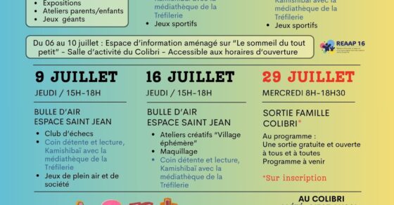 Affiche du programme estival du Colibri annonçant un espace d'information consacré au sommeil du tout-petit, accessible du 6 au 10 juillet à la salle d'activité du Colibri.
