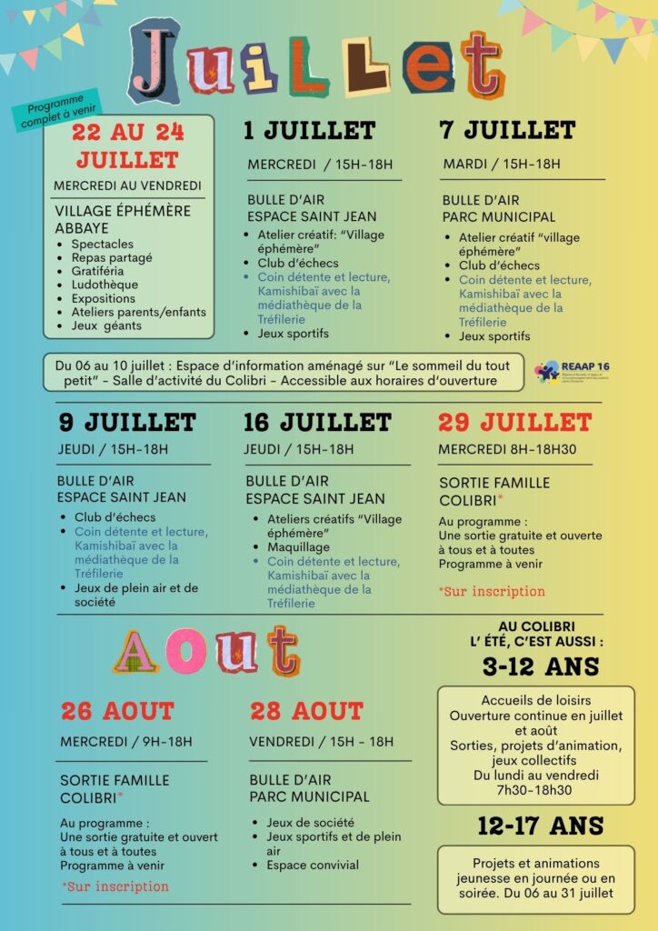 Affiche du programme estival du Colibri annonçant un espace d'information consacré au sommeil du tout-petit, accessible du 6 au 10 juillet à la salle d'activité du Colibri.