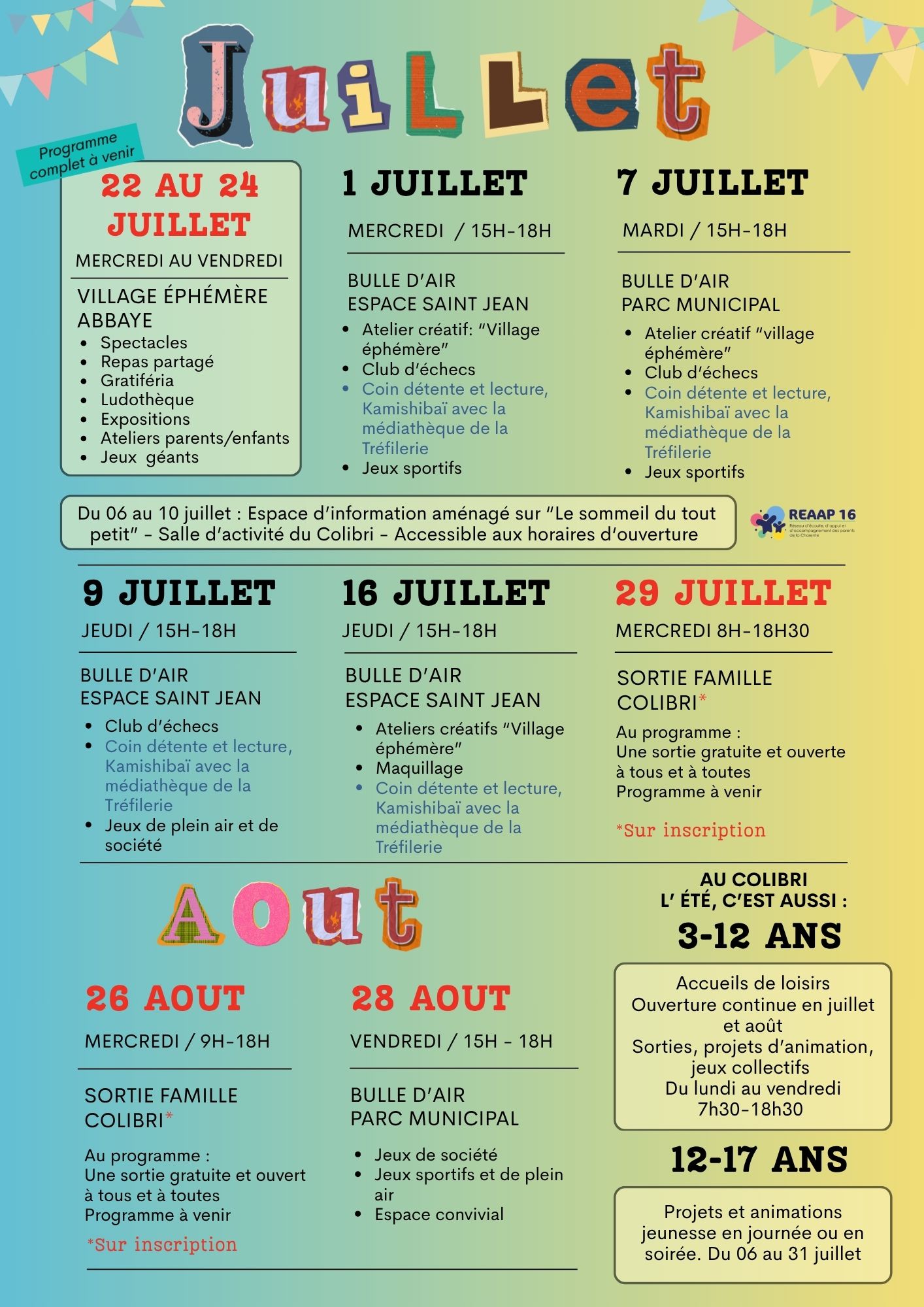 Affiche du programme estival du Colibri annonçant la Bulle d'Air du jeudi 16 juillet à l'Espace Saint-Jean avec ateliers créatifs, maquillage, lecture et kamishibaï.
