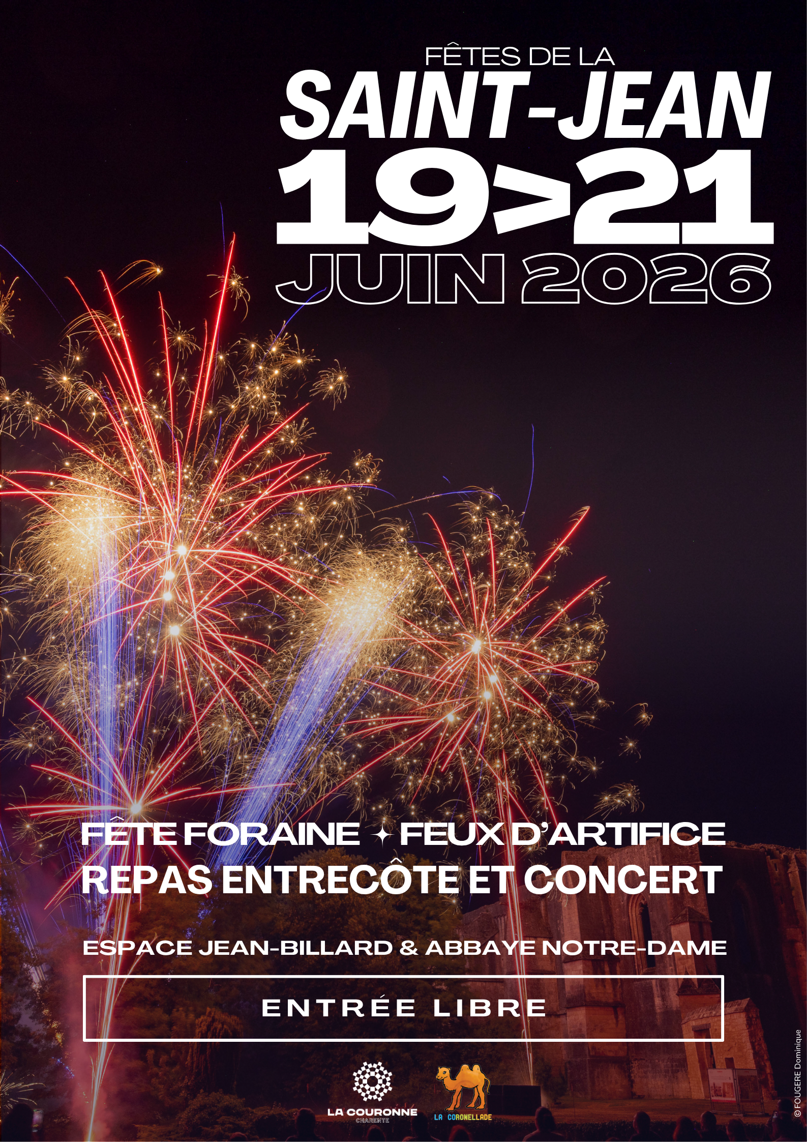 Affiche des Fêtes de la Saint-Jean 2026 à La Couronne du 19 au 21 juin avec fête foraine, repas entrecôte avec concert et feu d’artifice à l’Abbaye Notre-Dame.