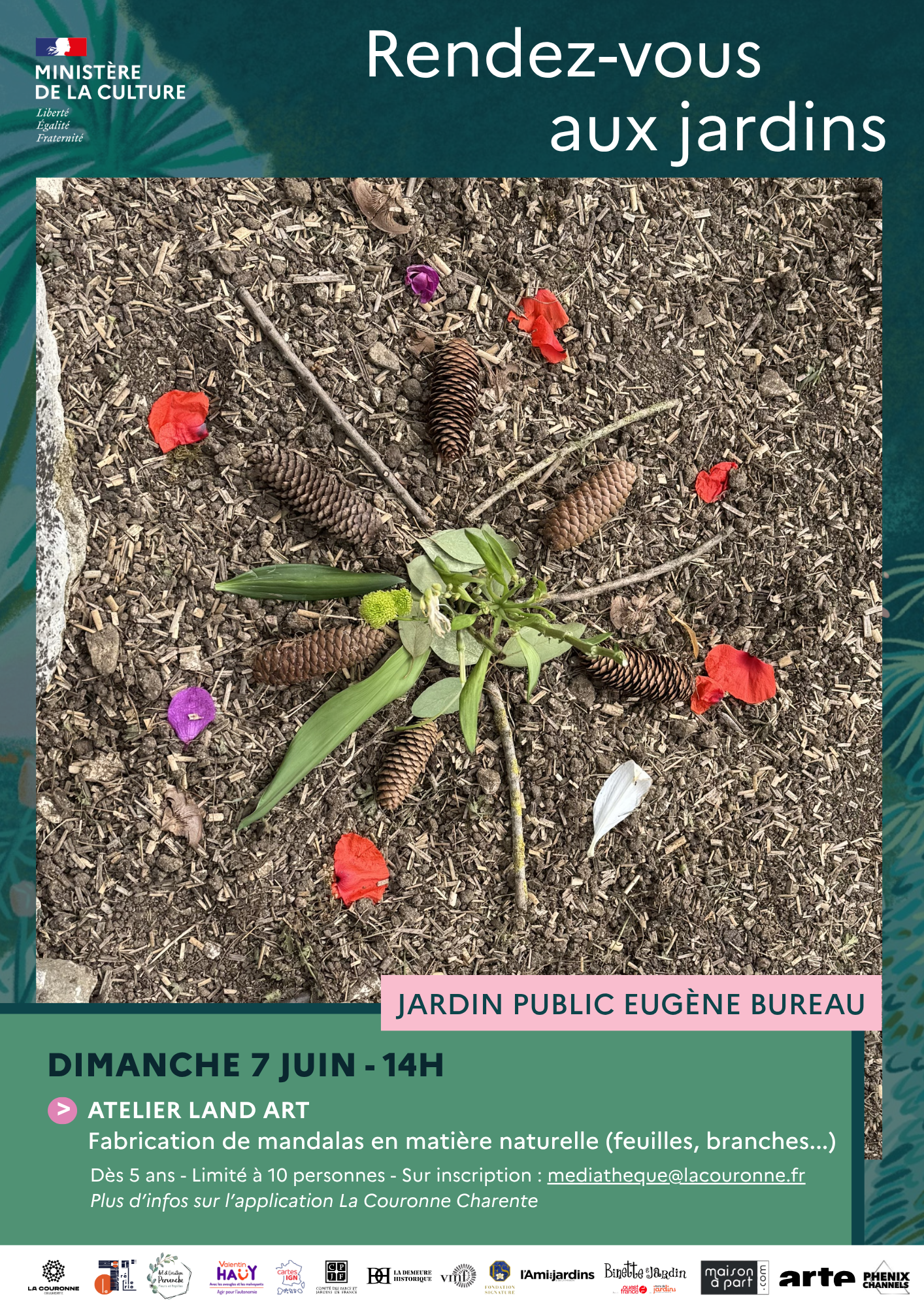 Affiche atelier land art au jardin public Eugène Bureau le 7 juin 2026 Affiche atelier land art au jardin public Eugène Bureau le 7 juin 2026