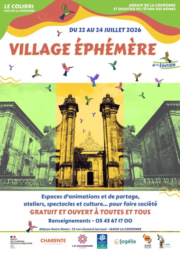 Affiche du Village Éphémère 2026 organisé du 22 au 24 juillet à l'Abbaye Notre-Dame et dans le quartier de l'Étang des Moines à La Couronne.