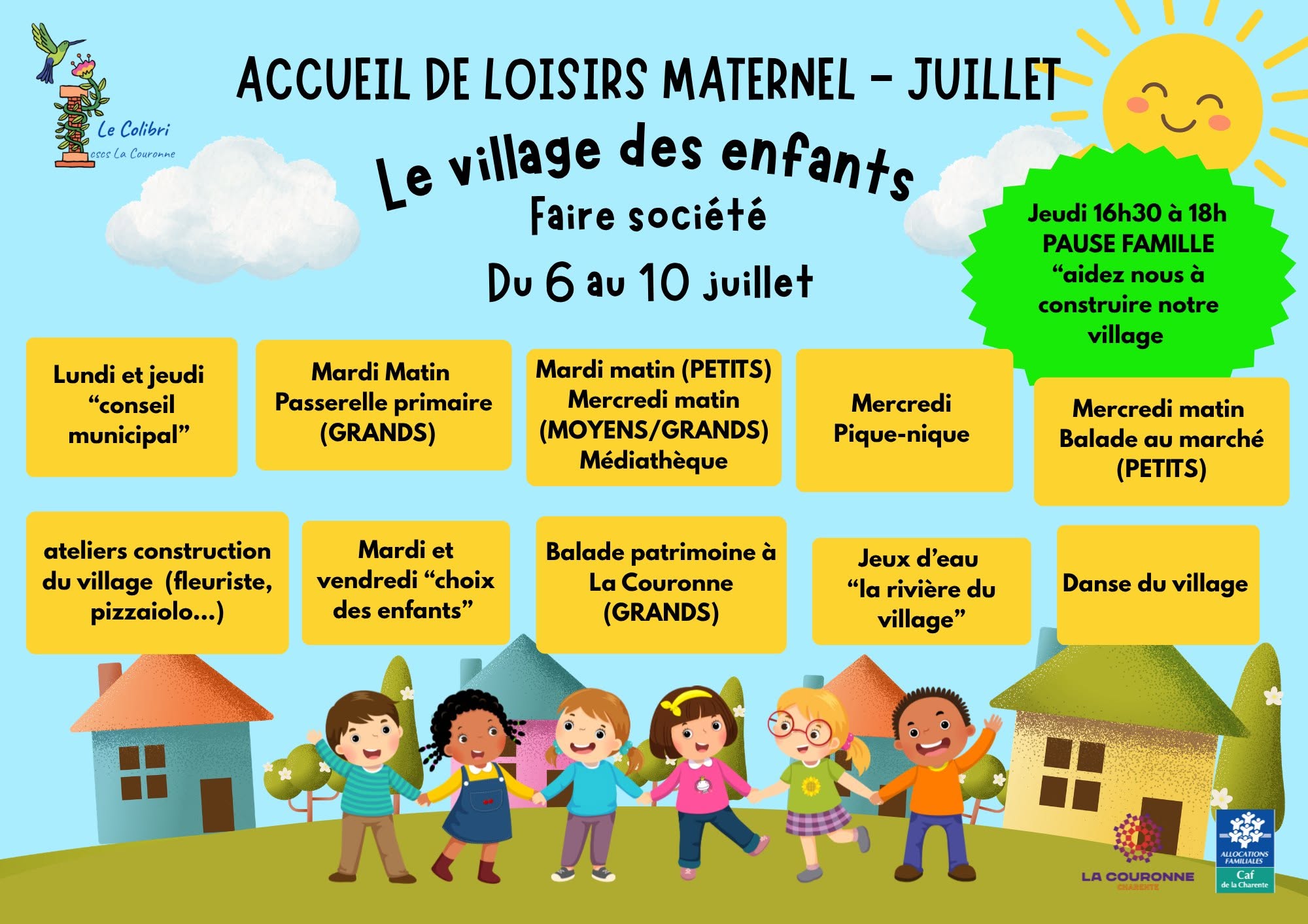 Programme des activités de l'accueil de loisirs maternel du Colibri du 6 au 10 juillet 2026.