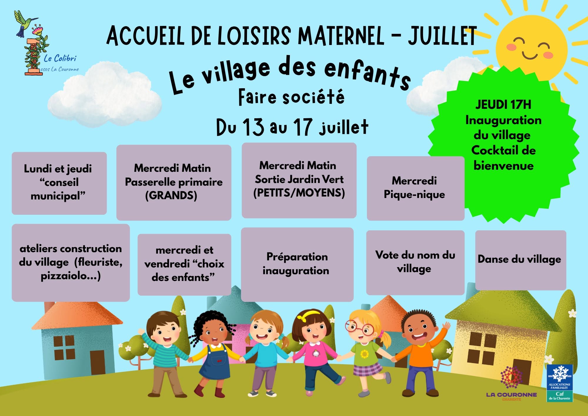 Programme des activités de l'accueil de loisirs maternel du Colibri du 6 au 10 juillet 2026.
