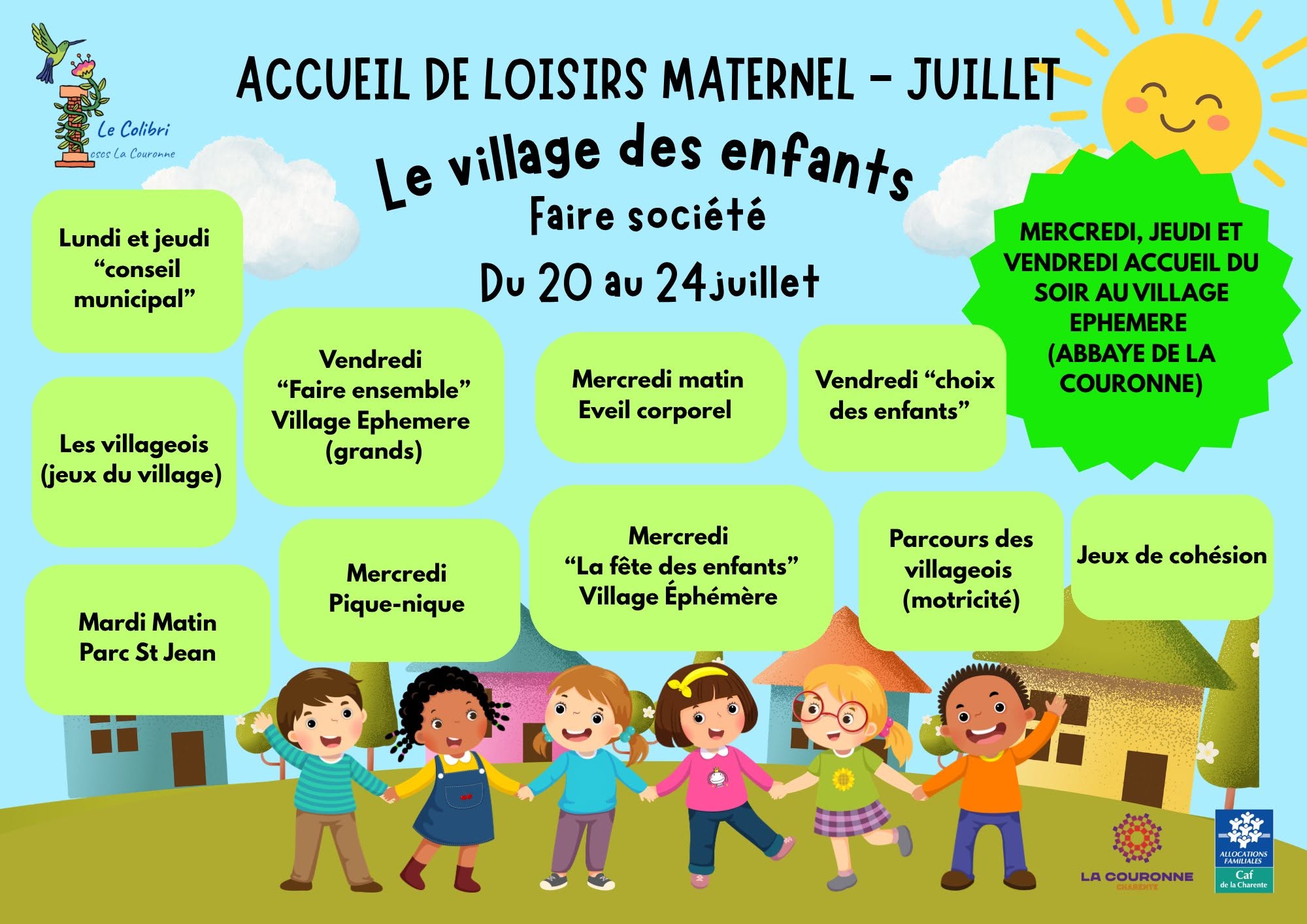 Programme des activités de l'accueil de loisirs maternel du Colibri du 20 au 24 juillet 2026.