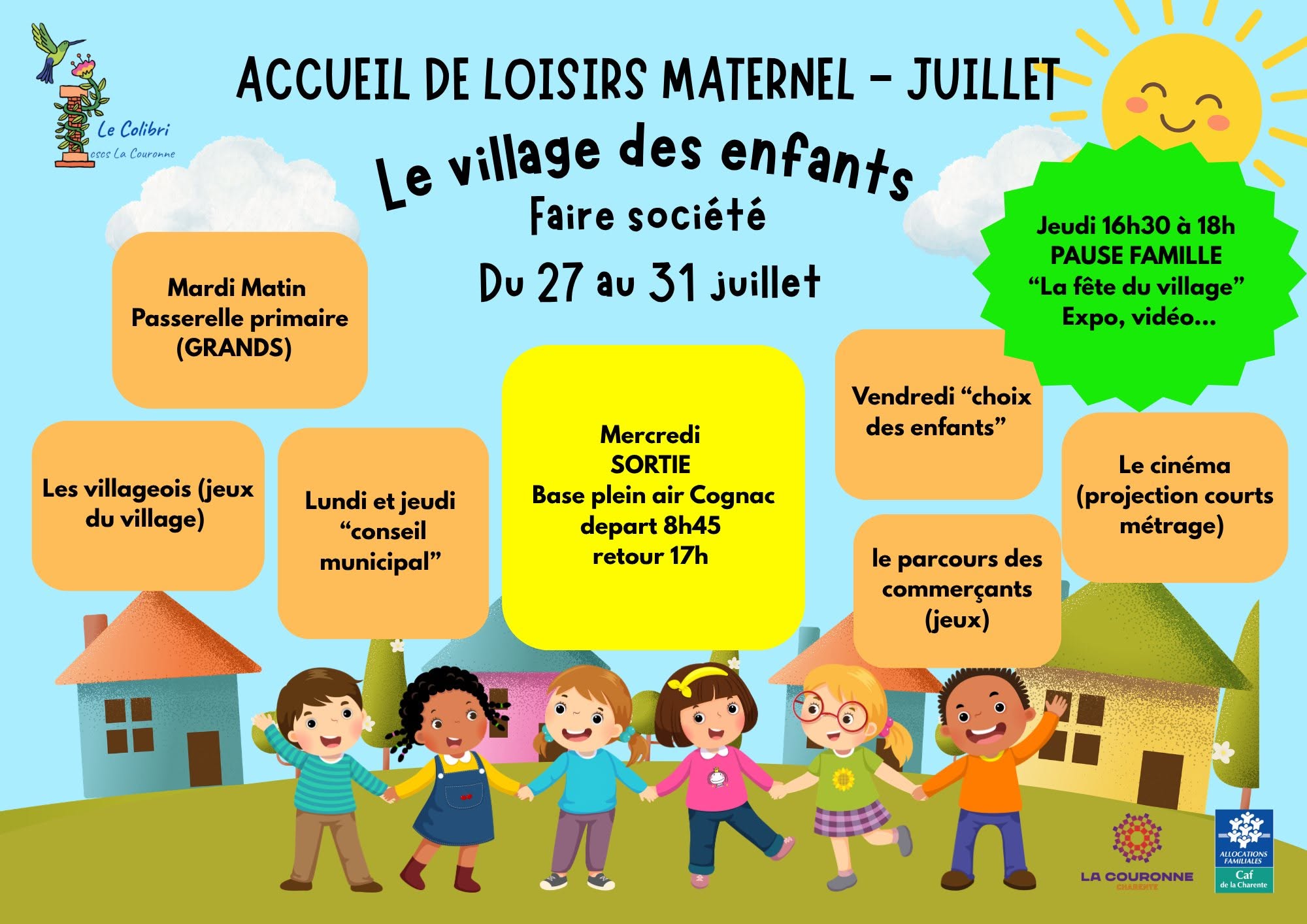 Programme des activités de l'accueil de loisirs maternel du Colibri du 27 au 31 juillet 2026.