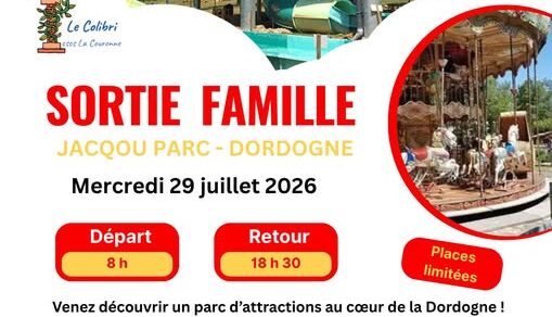 Affiche annonçant une sortie famille organisée par Le Colibri au Jacquou Parc en Dordogne le mercredi 29 juillet 2026.
