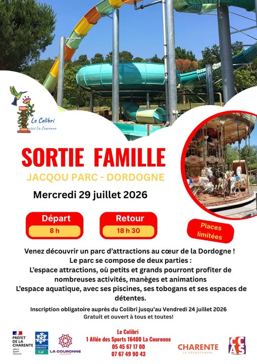 Affiche annonçant une sortie famille organisée par Le Colibri au Jacquou Parc en Dordogne le mercredi 29 juillet 2026.